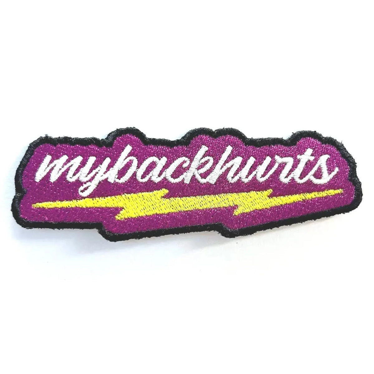Hot pink patch with white 'mybackhurts' script above a yellow lightning bolt